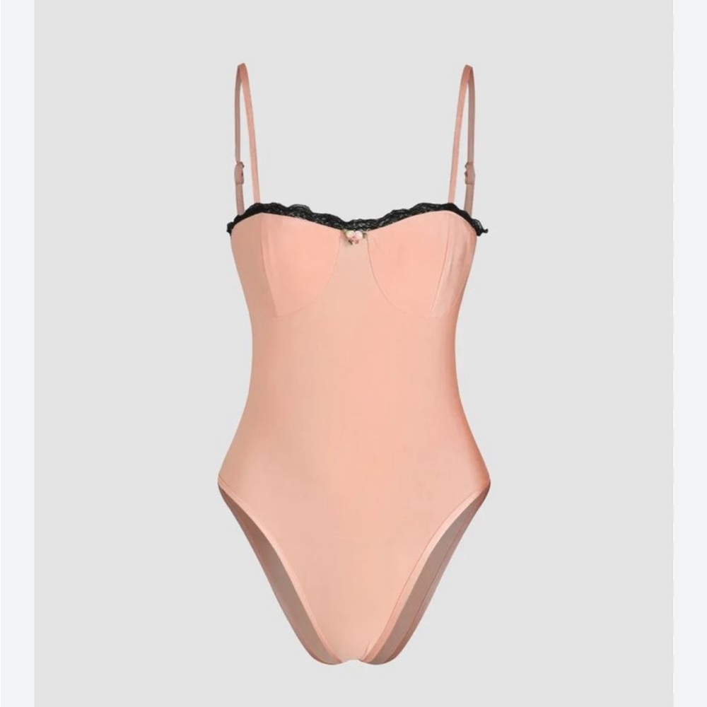 Cider | Satin Lace Trim Bodysuit | Small | Pink